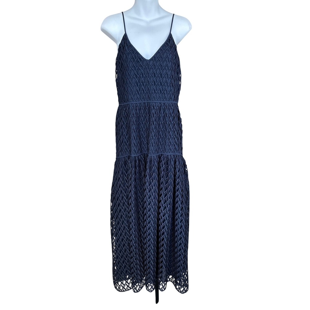 Tory Burch VTGE DS Sample LGE NY Blue Lattice Tiered Midi Dress Spaghetti Strap